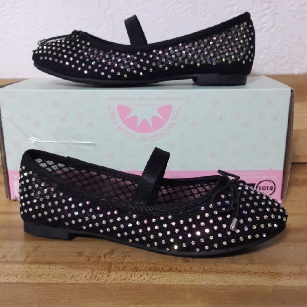 NWT "Jellypop" Kid Anggie Black Mesh Glitter Flats with Bow Girls Size 13M
